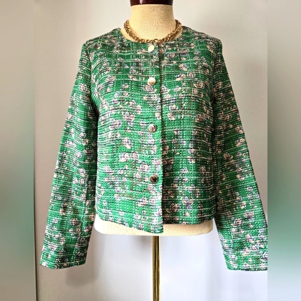 LA FEE MARABOUTÉE Green Tweed Floral Waist Length Jacket. Size 36UK/ 6US